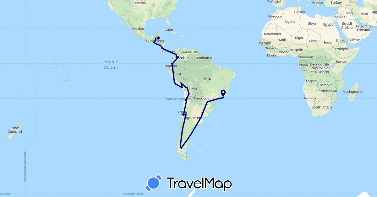 TravelMap itinerary: driving in Argentina, Bolivia, Brazil, Belize, Chile, Colombia, Costa Rica, Ecuador, Guatemala, Nicaragua, Peru, El Salvador (North America, South America)